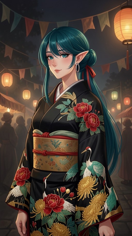 Teal-haired elf woman in black kimono with red flowers and cranes at a night festival.