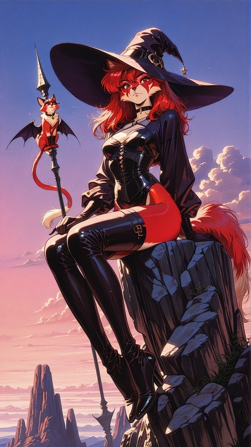 Red-furred anthropomorphic witch sitting on a cliff holding a staff with a winged cat creature against a sunset sky