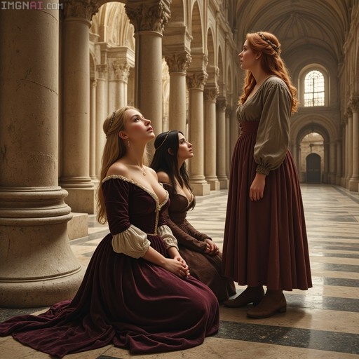 Three women in period clothing inside a cathedral with striped arches; two kneel looking up at a standing woman.