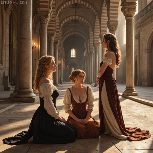 Three women in period clothing inside the Great Mosque of Córdoba, with two kneeling and one standing near striped arches.