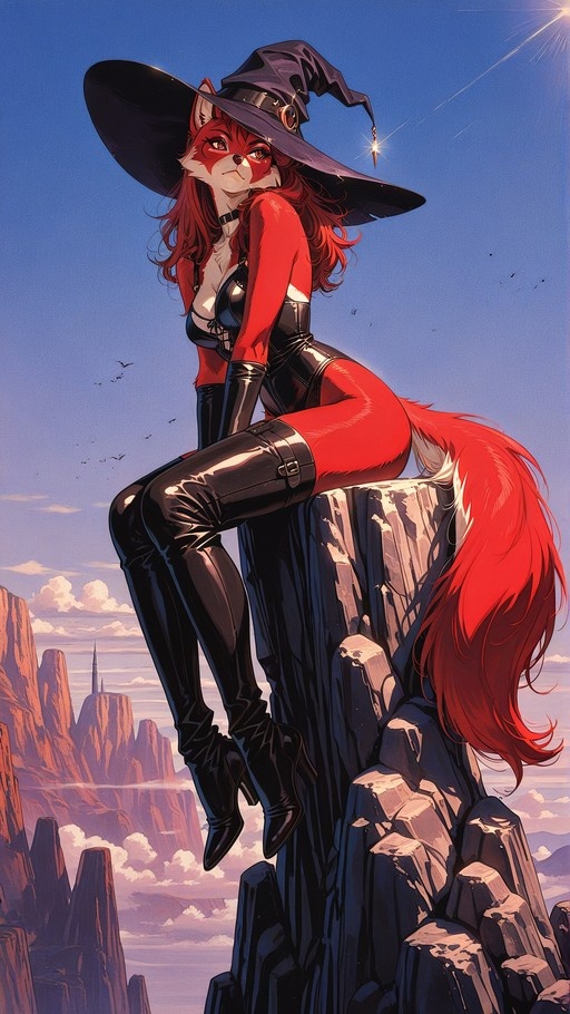 A red-furred anthropomorphic fox girl wearing a black witch hat and shiny boots sits on a rocky cliff edge.