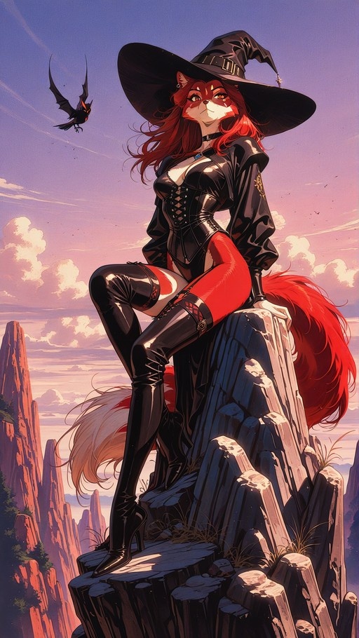 A red-haired anthropomorphic fox girl wearing a black witch hat and corset sits on a rocky outcrop with a large fluffy tail, while a small bat flies near her against a purple twilight sky.