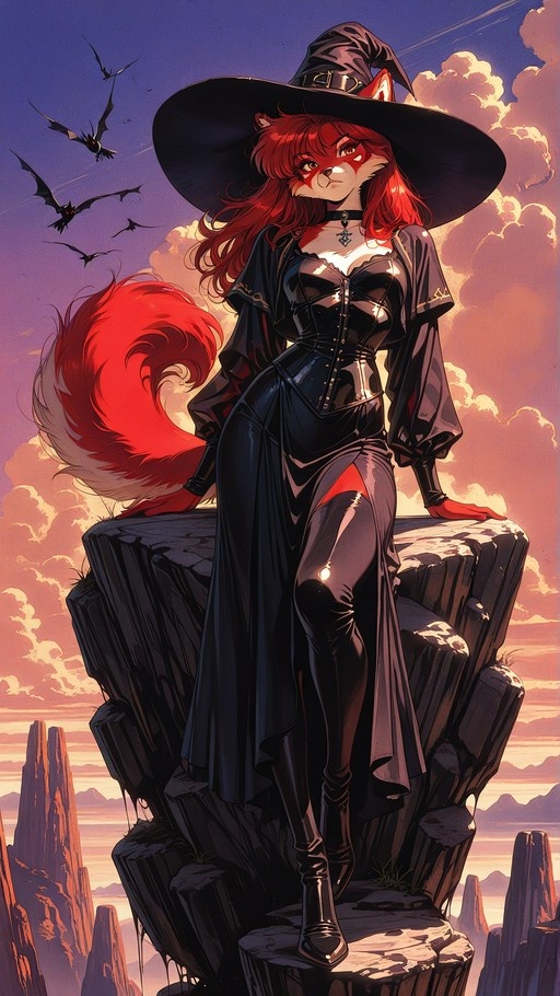 Red-haired anthropomorphic fox girl in a black witch hat and dress standing on a cliff with bats flying in the sunset sky.