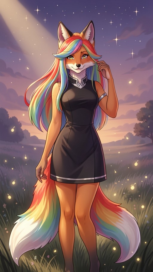 A smiling female fox character with long rainbow hair and a large multicolored tail stands in tall grass at dusk, wearing a black sleeveless dress under a starry sky.