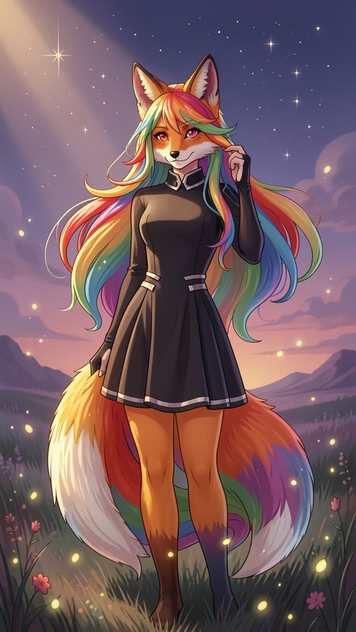 A smiling fox girl with long rainbow hair and a large fluffy tail stands in a grassy field at night, surrounded by fireflies under a starry sky.