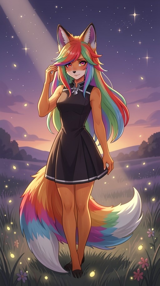 A furry fox girl with rainbow hair and a multicolored tail stands in a grassy field with fireflies under a starry night sky.