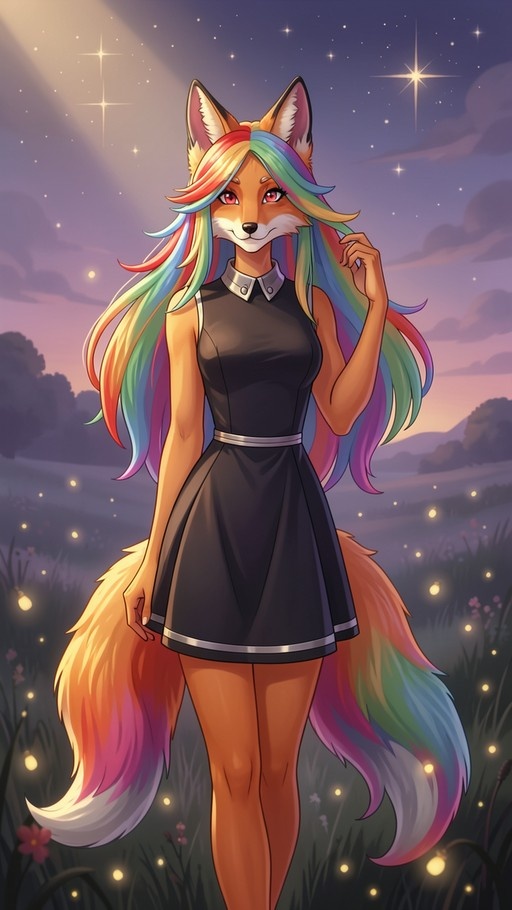A female fox character with long rainbow hair and a large fluffy tail stands in a field at night under a starry sky, wearing a sleeveless black dress.