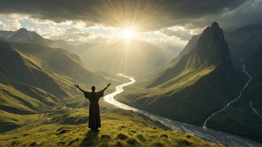 A lone man in a long robe stands on a grassy hill with his arms raised towards a bright sunburst shining over a vast mountain valley with a winding river below.