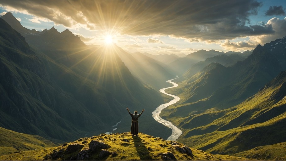 A person stands on a rocky hill with arms raised against a backdrop of a vast mountain valley and a winding river under a bright sunburst.