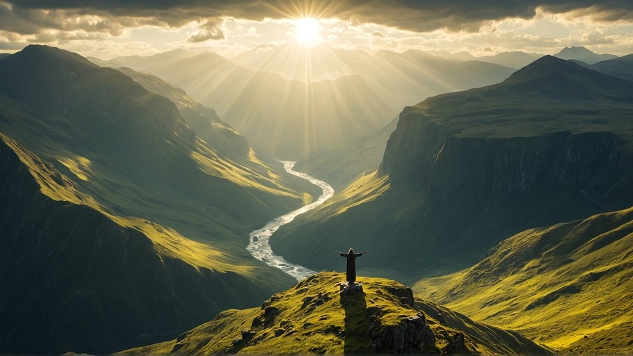 A lone silhouette stands on a rocky outcrop with arms raised, overlooking a winding river in a green mountain valley illuminated by bright sunbeams.