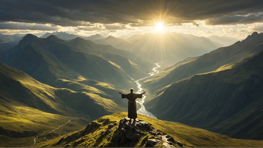 A digital illustration of a solitary figure in a dark robe standing on a rocky summit with arms outstretched, facing a brilliant sunburst over a vast green mountain valley with a winding river.
