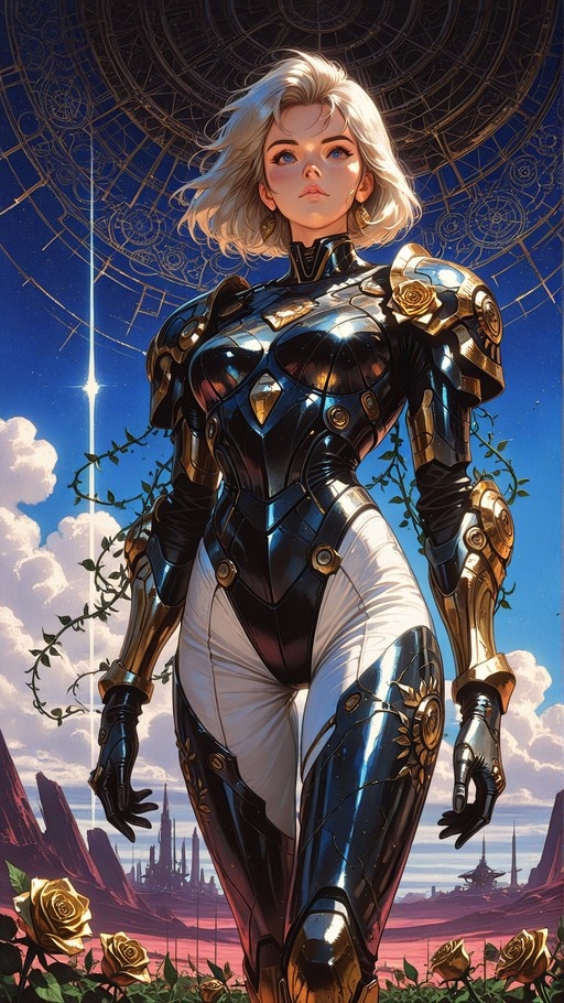 A blonde woman in sleek black and gold armor stands among golden roses under a large golden sky structure.