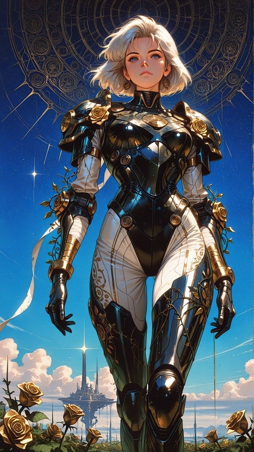A white-haired woman in black and gold armor with rose details stands among golden roses under a blue sky with a floating castle.
