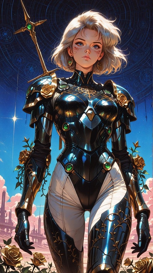 A blonde woman in shiny black and gold armor stands holding a golden staff, surrounded by yellow roses.
