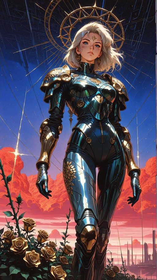 A silver-haired woman in shiny blue and gold armor standing among golden roses with a golden halo behind her against a starry twilight sky.