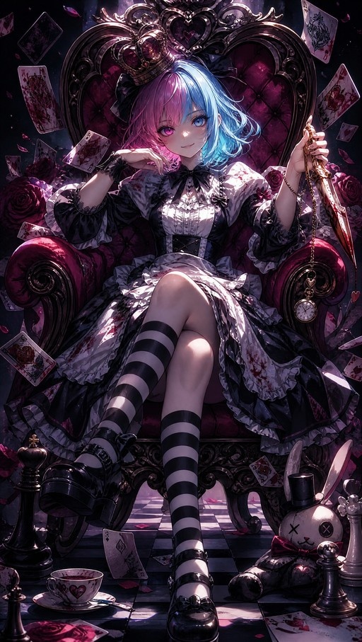 A girl with blue and pink hair sits on a purple throne holding a bloody knife, surrounded by playing cards and chess pieces.