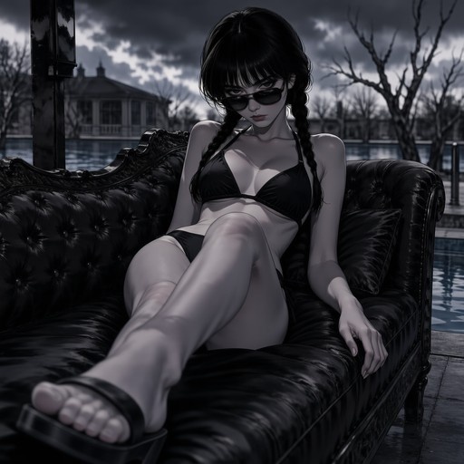 A pale-skinned girl with black twin braids and sunglasses sits on a black leather couch wearing a black bikini near a pool.