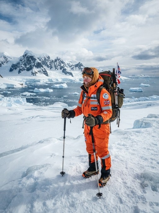 A smiling person in an orange snowsuit stands on a snowy glacier holding trekking poles, with a backpack featuring a Union Jack flag and icebergs in the background.