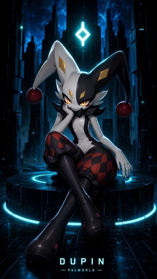 A full-body digital illustration of the Palworld character Dupin, an anthropomorphic jester with white and black fur, sitting on a glowing platform in a dark futuristic city at night.