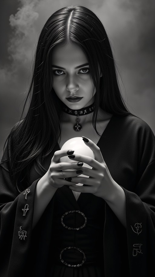 A monochrome portrait of a pale woman with long dark hair and a choker holding a white sphere in her hands while wearing a black robe with embroidered symbols.