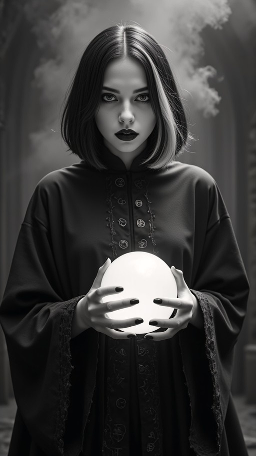 A monochrome portrait of a young woman in a black robe holding a glowing white sphere.
