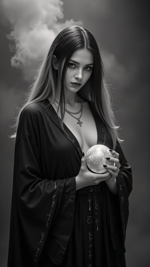 Monochrome image of a young woman in a black robe holding a glowing sphere against a cloudy background.