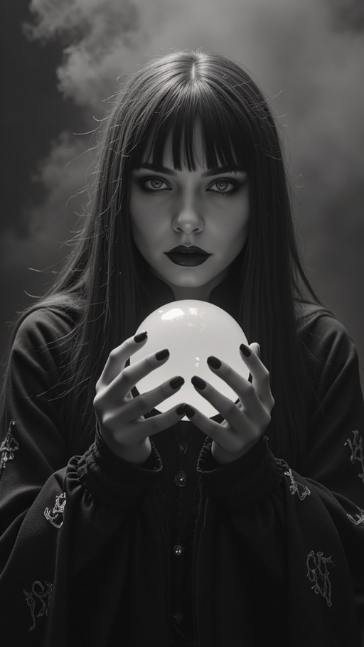 A monochrome portrait of a young woman with long dark hair and blunt bangs holding a glowing white sphere in her hands against a smoky background.