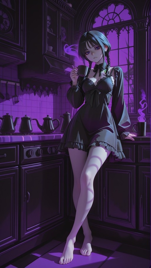 An anime girl with black twin braids and purple eyes stands barefoot in a kitchen holding a mug, bathed in purple light.