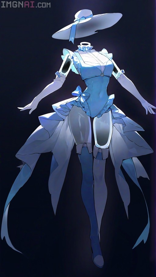 A headless anime-style female figure wearing a light blue frilled leotard, long white gloves, and shiny blue thigh-high boots, with a large white hat floating above her neck against a dark background.