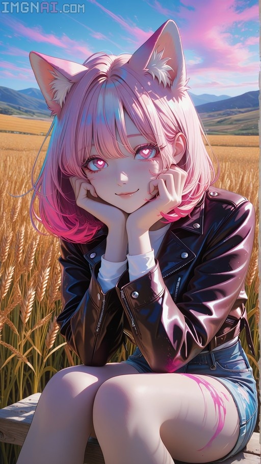 A pink-haired anime girl with cat ears and heart-shaped pupils sits in a wheat field wearing a black leather jacket and denim shorts.