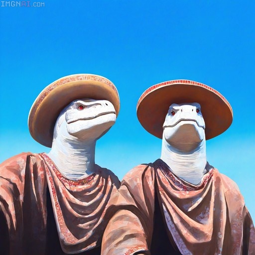 Two white dinosaurs with red eyes wearing sombreros and robes against a blue sky