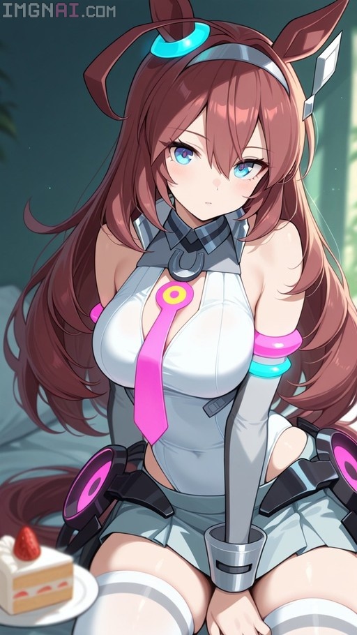 Mihono Bourbon from Umamusume with brown hair and horse ears sits in a white outfit next to a slice of cake.