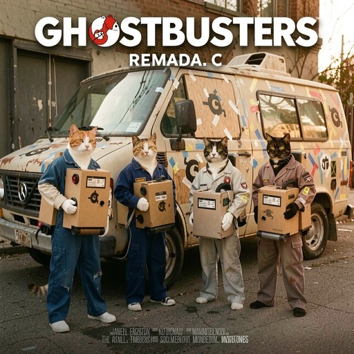 Four anthropomorphic cats in jumpsuits holding cardboard proton packs pose in front of a beat-up van resembling Ecto-1.