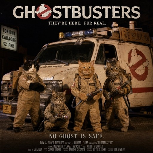 Four cats dressed as Ghostbusters with proton packs stand in front of the Ecto-1 van under the title 'Ghostbusters' and tagline 'They're Here. Fur Real.'