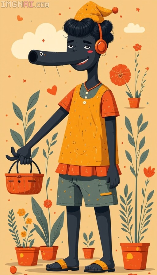 A full-body flat vector illustration of a dark-skinned character with a long snout wearing a yellow hat and orange headphones, holding an orange basket surrounded by potted plants.