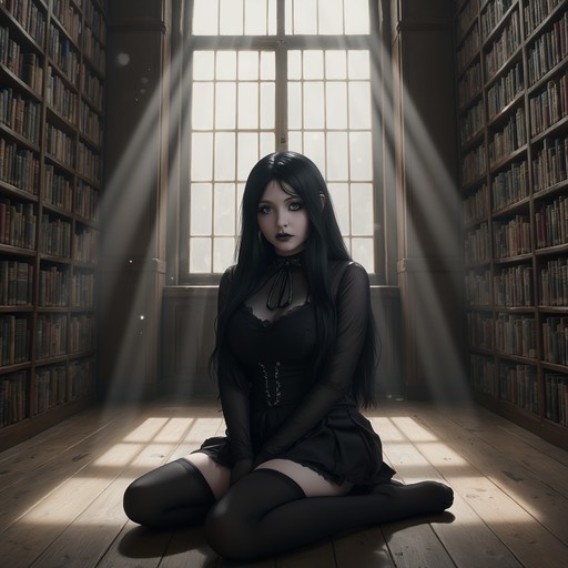 A young woman with long black hair and a gothic appearance sits on the wooden floor of a library, framed by tall bookshelves and bright sunlight streaming through a large window behind her.