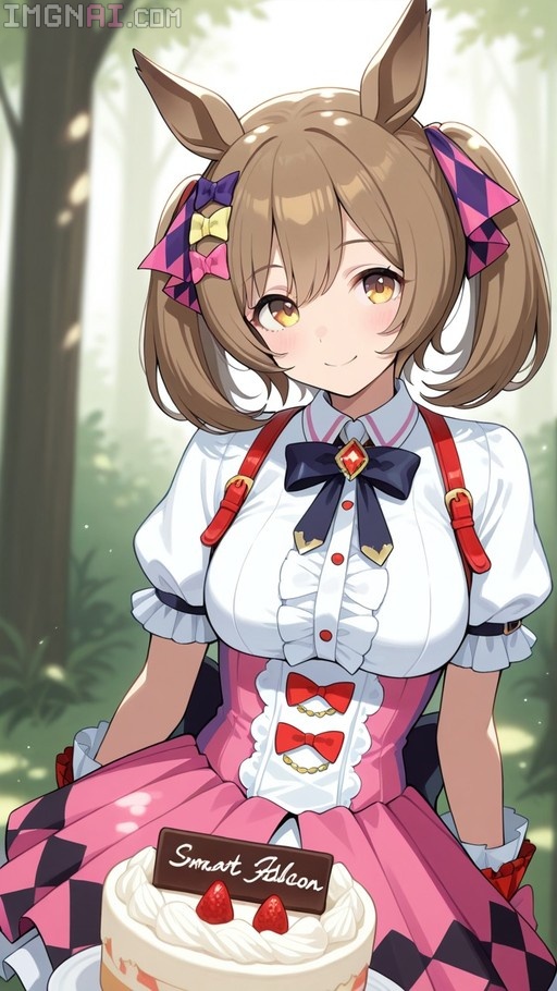 Smart Falcon from Umamusume holding a strawberry shortcake with her name on it.