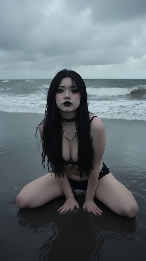 A young woman with long black hair and black lipstick kneels in the shallow water of a grey beach, wearing a black bikini and choker necklace while looking at the camera.