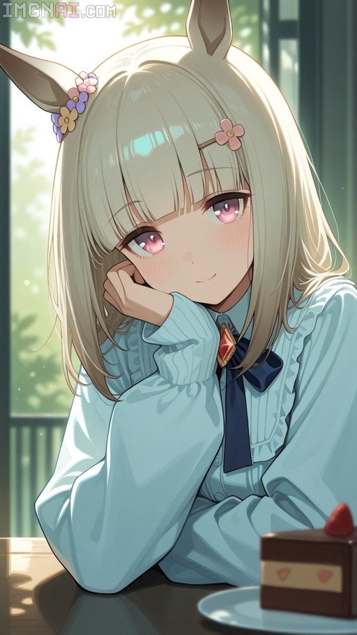 An anime-style girl with long blonde hair and horse ears rests her chin on her hand while looking at the viewer. She wears a light blue frilled blouse with a dark ribbon and flower hair clips. A slice of chocolate cake with a strawberry sits on a plate in front of her near a window.