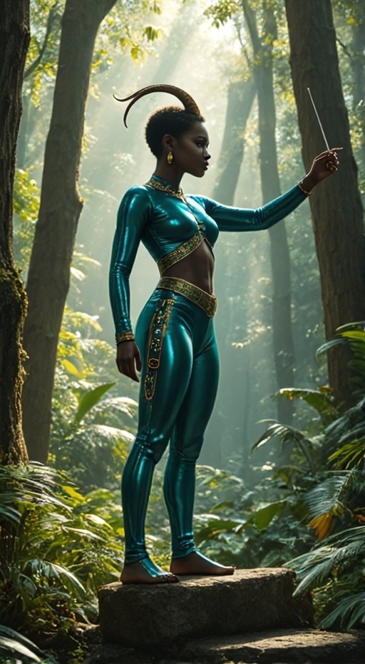 A dark-skinned woman with a single curved horn stands on a rock in a sunlit forest, wearing a shiny teal bodysuit and holding a white baton.