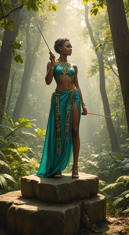 A dark-skinned woman in a teal and gold fantasy costume stands on stone blocks in a forest, holding thin sticks.