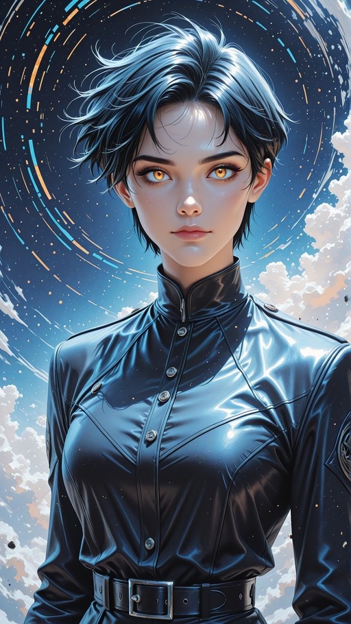 A young woman with short dark hair and amber eyes wearing a shiny black button-up jacket against a swirling starry sky.