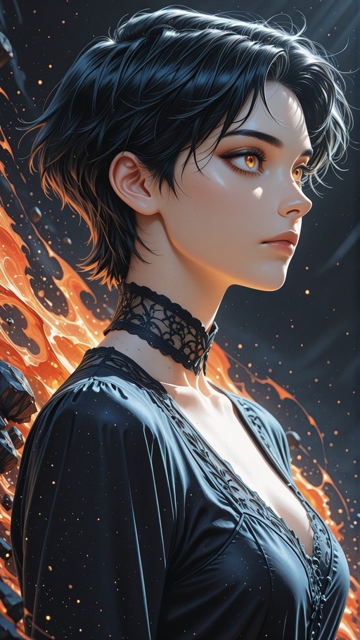 A side profile portrait of a young woman with short black hair and orange eyes wearing a black lace choker against a fiery background.