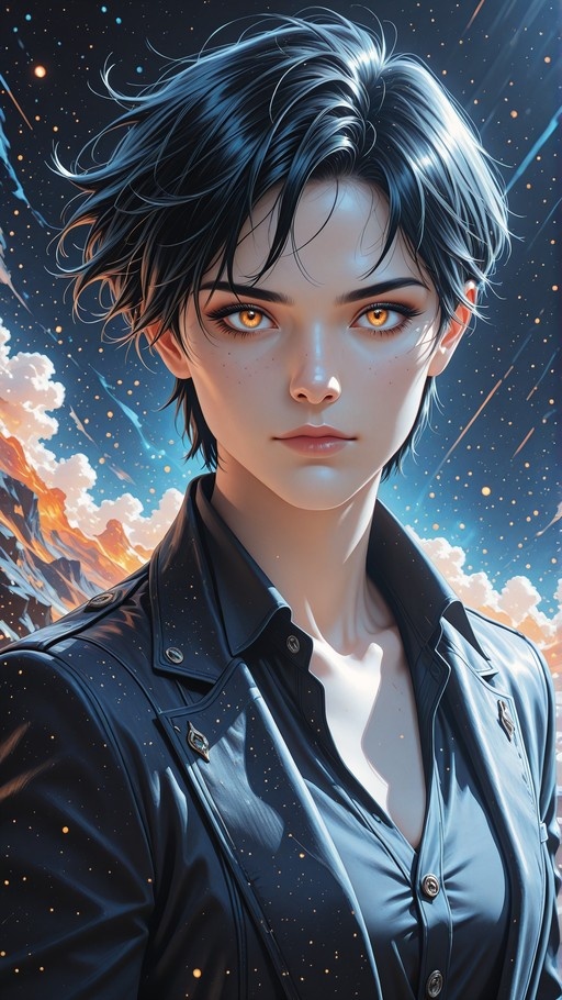 A digital illustration of a young woman with short black hair and orange eyes, wearing a black leather jacket against a starry sky background.