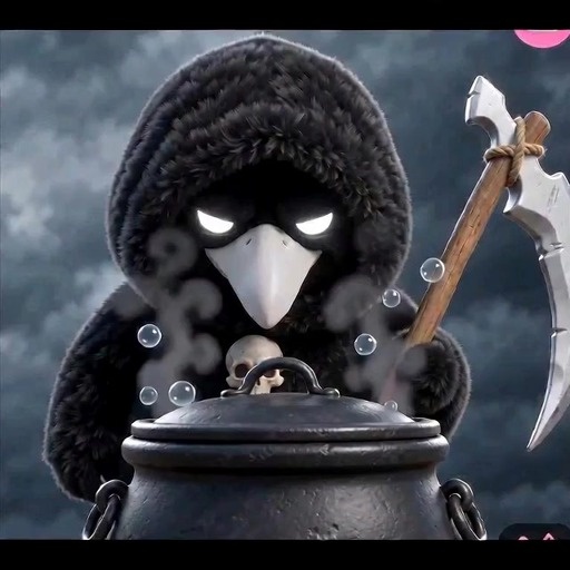 An orange cat wearing a black hood and holding a scythe stands next to a cauldron with glowing green eyes and an open mouth.