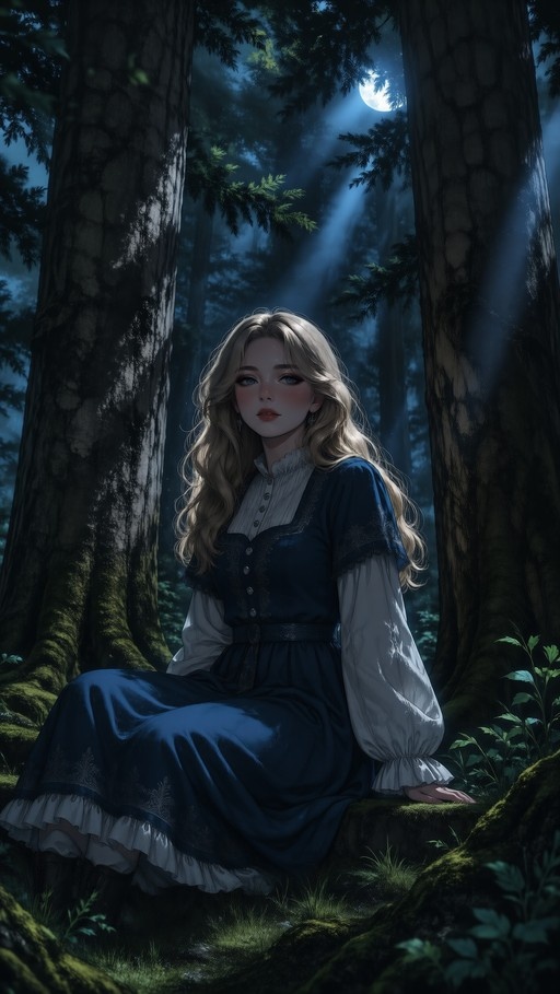 A blonde anime-style woman in a blue dress sits on a mossy log in a dark forest illuminated by moonlight.