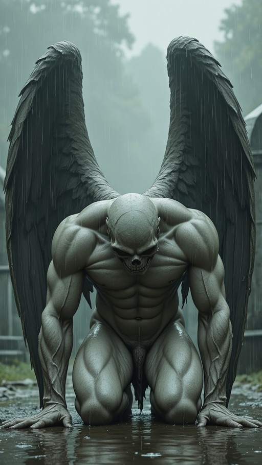A muscular bald creature with large black wings kneels in a puddle while it rains heavily outdoors.