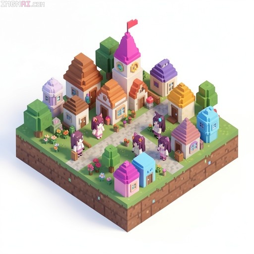 Isometric view of a Minecraft-style village with colorful blocky houses and several chibi catgirl characters standing on the grass.
