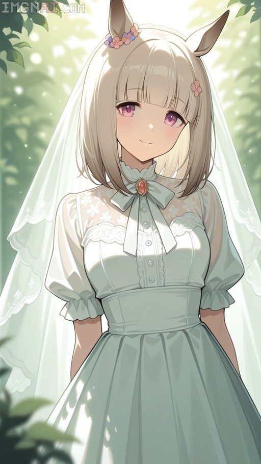 An anime-style horse girl with short blonde hair and pink eyes smiles while wearing a white wedding dress and veil in a sunlit garden.
