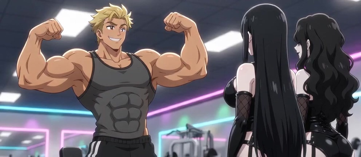 Two muscular animated figures in tank tops flex their biceps and smile near an indoor doorway with light smoke effects.